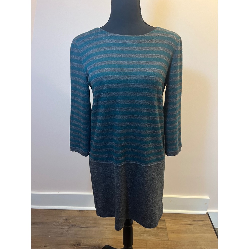 Loft Womens XS Teal Gray Striped Knit Shift Dress Long Sleeve Exposed Zipper